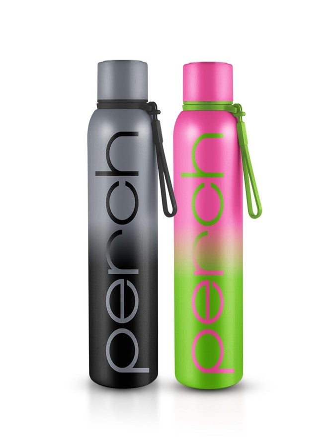 Perch Zion Hot & Cold Steel Water Bottle Set of 2 (720 ml Each), ISI Certified, Vacuum Insulated | Leak Proof, BPA-Free | for Couples, Gift for His & Her |Kids, Men & Women|Cloud Black & Green-Pink - Image 1